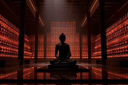 Buddha statue meditating on black background. Soft focus. Close-up,Generative AIの素材