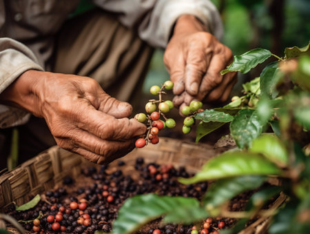 arabica coffee berries with agriculturist handsRobusta and arabica coffee berries with agriculturist hands, Gia Lai, Vietnamの素材