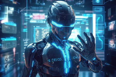AI artificial intelligence 3D research of developing robots and cyborgs for the future of people living. Digital Mining and Technology Designの素材