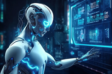 AI artificial intelligence 3D research of developing robots and cyborgs for the future of people living. Digital Mining and Technology Designの素材
