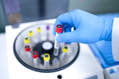 Container for tubes of biochemical analyzers Doctor removes from lab centrifuge Zika virus ZIKVの写真素材