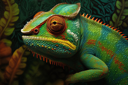 Yemeni chameleon isolated on large black background lizard on green leaf Brightly colored skin, colorful chameleonsの素材