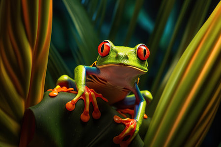 Red Eyed Tree Frog, Agalychnis Callidryas, on a Leaf with Black Backgroundの素材
