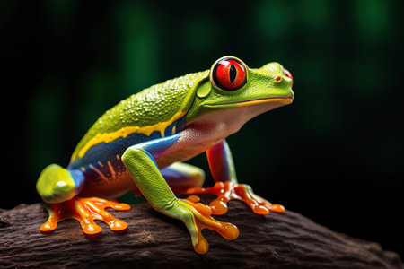 Red Eyed Tree Frog, Agalychnis Callidryas, on a Leaf with Black Backgroundの素材