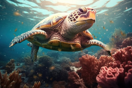 An endangered Hawaiian sea turtle cruises in the warm waters of the Pacific Ocean in Hawaii.の素材