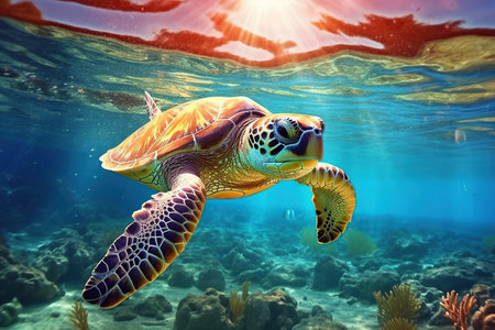 An endangered Hawaiian sea turtle cruises in the warm waters of the Pacific Ocean in Hawaii.の素材