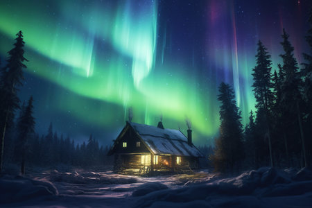 Village landscape in winter with northern lights beautiful nature background Magnificent view of the Reinefjord, one of the most popular places on the Lofoten Islands, Norway.の素材
