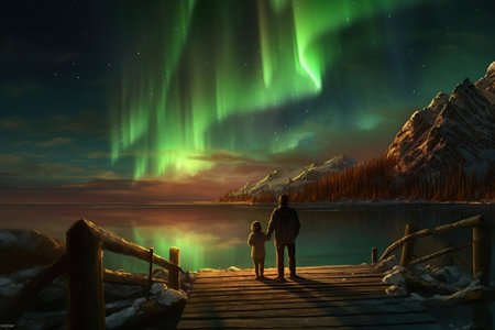 Village landscape in winter with northern lights beautiful nature background Magnificent view of the Reinefjord, one of the most popular places on the Lofoten Islands, Norway.の素材