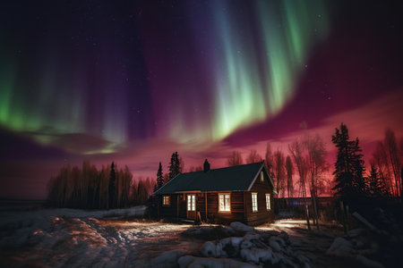Village landscape in winter with northern lights beautiful nature background Magnificent view of the Reinefjord, one of the most popular places on the Lofoten Islands, Norway.の素材