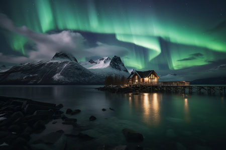 Village landscape in winter with northern lights beautiful nature background Magnificent view of the Reinefjord, one of the most popular places on the Lofoten Islands, Norway.の素材