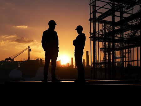 Silhouette of asian engineer and worker inspecting project at construction site background at sunset in eveningの素材