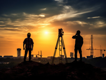 Silhouette of asian engineer and worker inspecting project at construction site background at sunset in eveningの素材