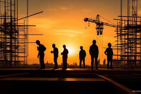 Silhouette of asian engineer and worker inspecting project at construction site background at sunset in eveningの素材