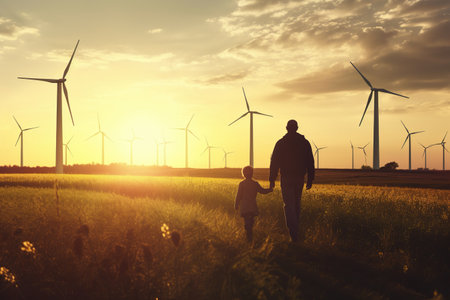 Young engineer man caring for his daughter and looking at the windmill field at sunset concept of renewable energy love nature family electricity green futureの素材