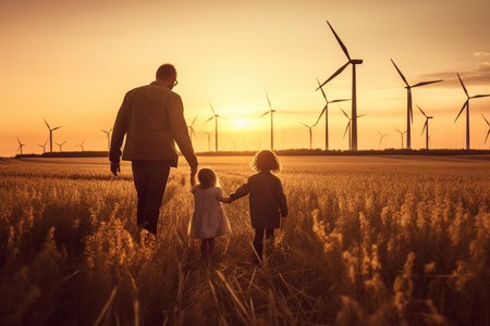 Young engineer man caring for his daughter and looking at the windmill field at sunset concept of renewable energy love nature family electricity green futureの素材