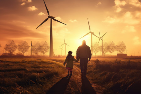 Young engineer man caring for his daughter and looking at the windmill field at sunset concept of renewable energy love nature family electricity green futureの素材