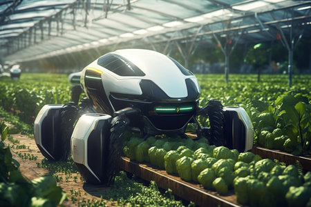 Asian farmers are using smart robots in agriculture, futuristic autonomous robots to perform chemical fertilizer spraying tasks or increase efficiency.の素材