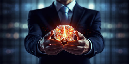Close-up of businessman hand holding digital image of brain in palm, digital technology perspectiveの素材