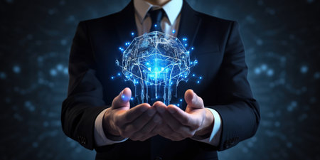 Close-up of businessman hand holding digital image of brain in palm, digital technology perspectiveの素材