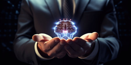 Close-up of businessman hand holding digital image of brain in palm, digital technology perspectiveの素材