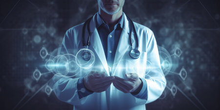 Close-up view. Hands of a doctor touching a technology screen. like a stethoscope modern medical technologyの素材