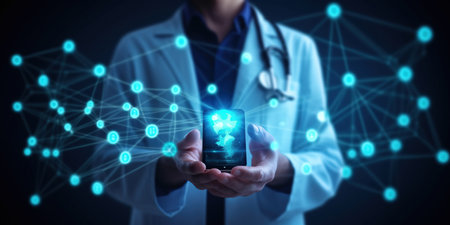 Close-up view. Hands of a doctor touching a technology screen. like a stethoscope modern medical technologyの素材