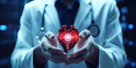 Close-up view. Hands of a doctor touching a technology screen. like a stethoscope modern medical technologyの素材