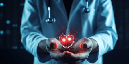 Close-up view. Hands of a doctor touching a technology screen. like a stethoscope modern medical technologyの素材