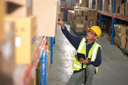 Asian warehouse factory male manager happy using digital tablet communication tools In a warehouse while standing on a shelf looking at the cameraの写真素材
