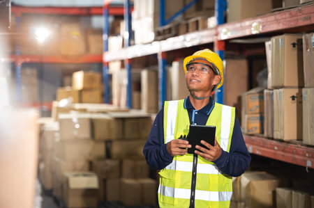 Asian warehouse factory male manager happy using digital tablet communication tools In a warehouse while standing on a shelf looking at the cameraの写真素材