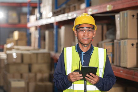 Asian warehouse factory male manager happy using digital tablet communication tools In a warehouse while standing on a shelf looking at the cameraの写真素材