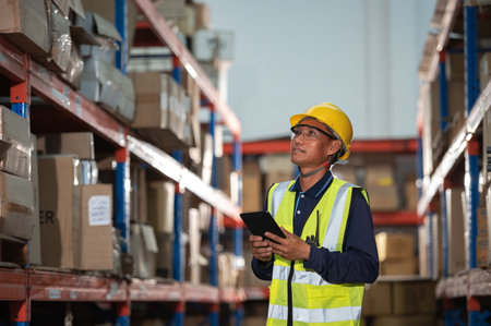 Asian warehouse factory male manager happy using digital tablet communication tools In a warehouse while standing on a shelf looking at the cameraの写真素材