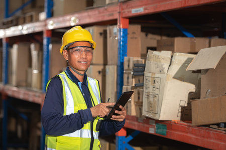 Asian warehouse factory male manager happy using digital tablet communication tools In a warehouse while standing on a shelf looking at the cameraの写真素材