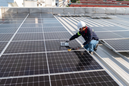 Engineer working to inspect equipment in rooftop solar power plant, solar panel maintenance installation viewの写真素材