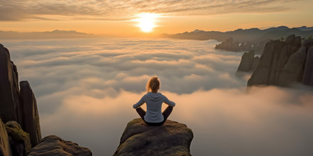 Tourist woman exercising, doing yoga Calm and mountain yoga practice In front is a sea of mist, meditation.の素材