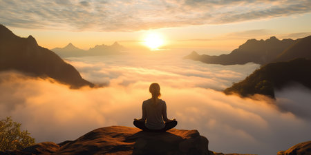 Tourist woman exercising, doing yoga Calm and mountain yoga practice In front is a sea of mist, meditation.の素材