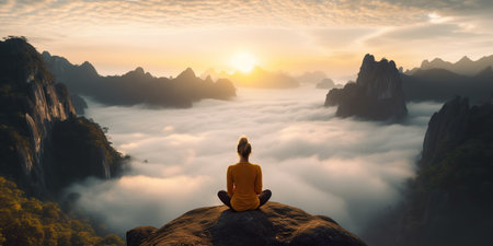 Tourist woman exercising, doing yoga Calm and mountain yoga practice In front is a sea of mist, meditation.の素材
