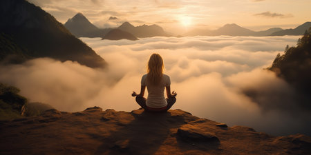 Tourist woman exercising, doing yoga Calm and mountain yoga practice In front is a sea of mist, meditation.の素材