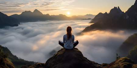 Tourist woman exercising, doing yoga Calm and mountain yoga practice In front is a sea of mist, meditation.の素材