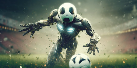 A close-up football robot to play competitive football on an artificial football pitch. people on blurred backgroundの素材