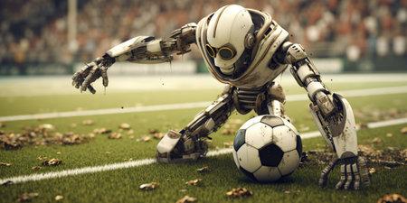 A close-up football robot to play competitive football on an artificial football pitch. people on blurred backgroundの素材