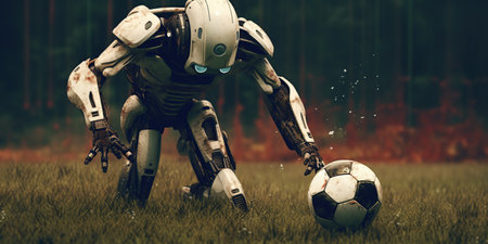 A close-up football robot to play competitive football on an artificial football pitch. people on blurred backgroundの素材