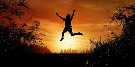 Athlete silhouette jumping happily at sunset with sun in the background.の素材