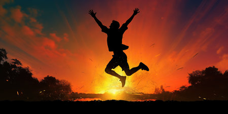 Athlete silhouette jumping happily at sunset with sun in the background.の素材