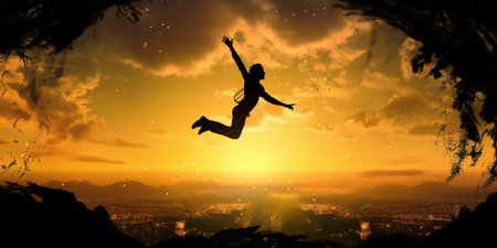 Athlete silhouette jumping happily at sunset with sun in the background.の素材