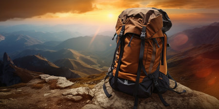 mountain climbers tourists Backpack placed. Atop high rocks. Sport and active life concept.の素材