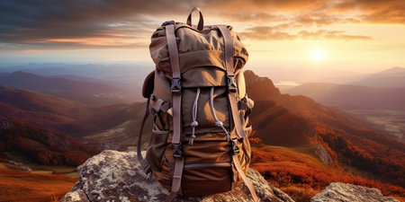 mountain climbers tourists Backpack placed. Atop high rocks. Sport and active life concept.の素材