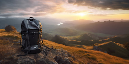 mountain climbers tourists Backpack placed. Atop high rocks. Sport and active life concept.の素材