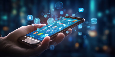 Mobile smart phone with colorful app icon concept, digital mobile viewの素材