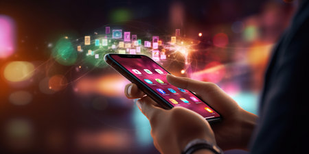 Mobile smart phone with colorful app icon concept, digital mobile viewの素材